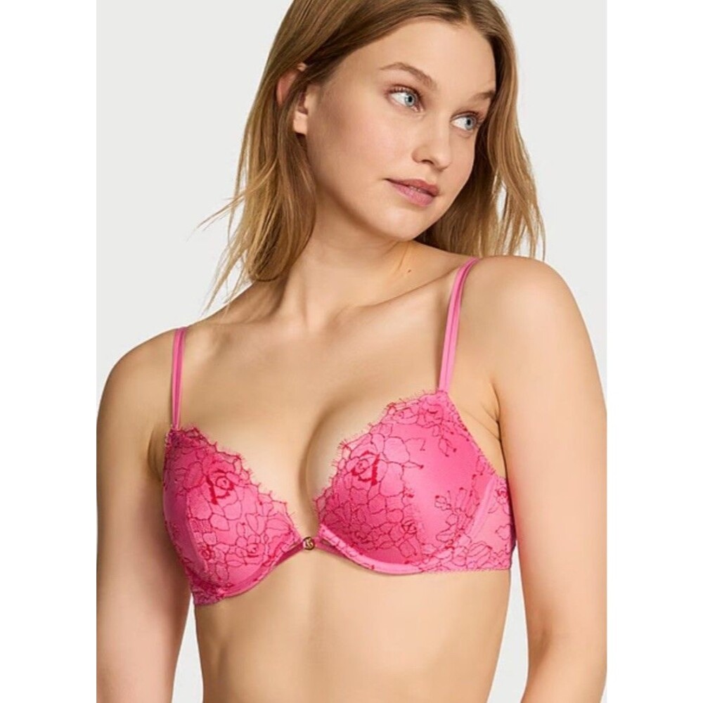 NWT! Victoria's Secret Rose Lace Push Up Plunge Bra **Adds 2 Cup Sizes!** 38C